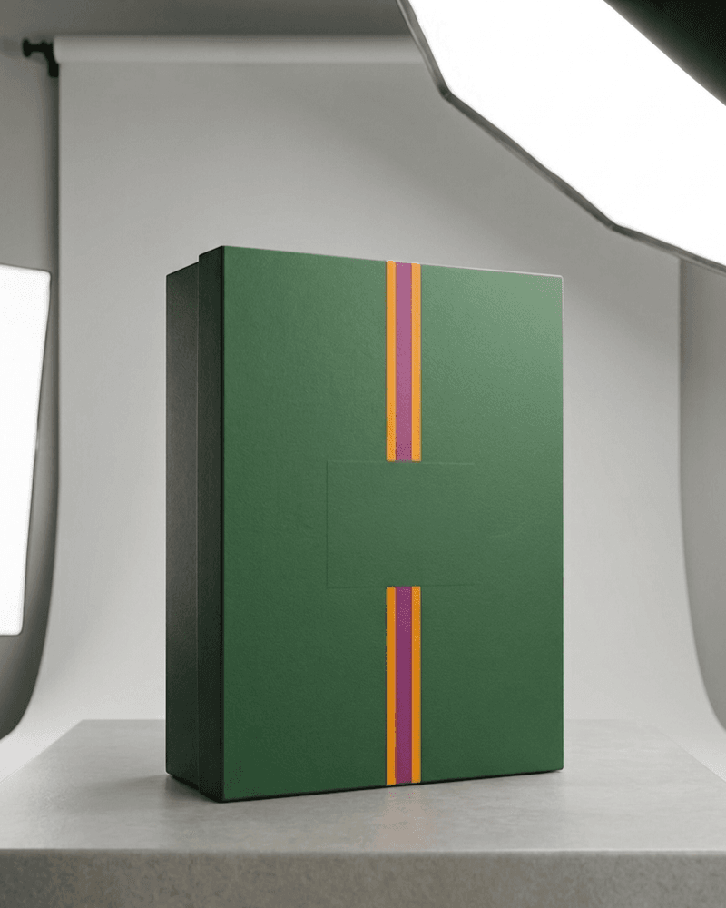 Tall forest green branded shipping box with stripe