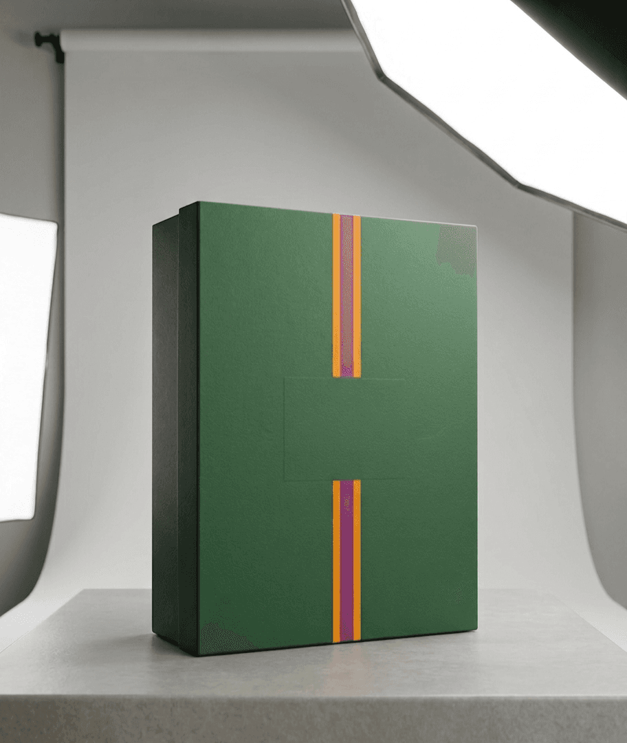 Tall forest green branded shipping box with stripe
