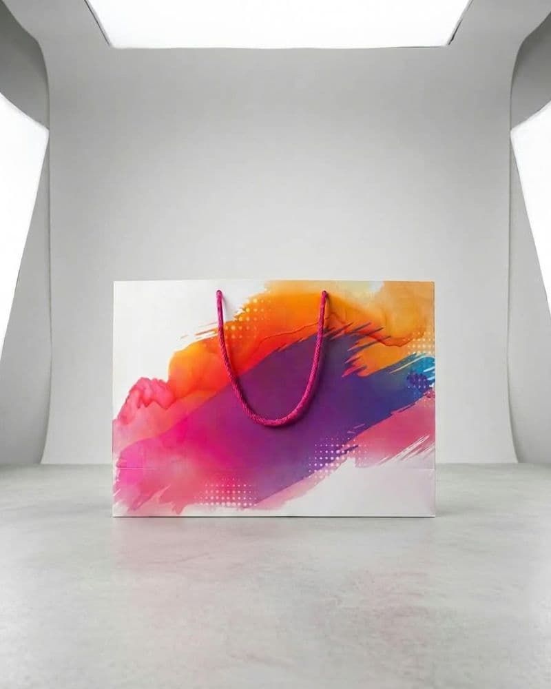 Custom printed white paper bag with watercolor artwork