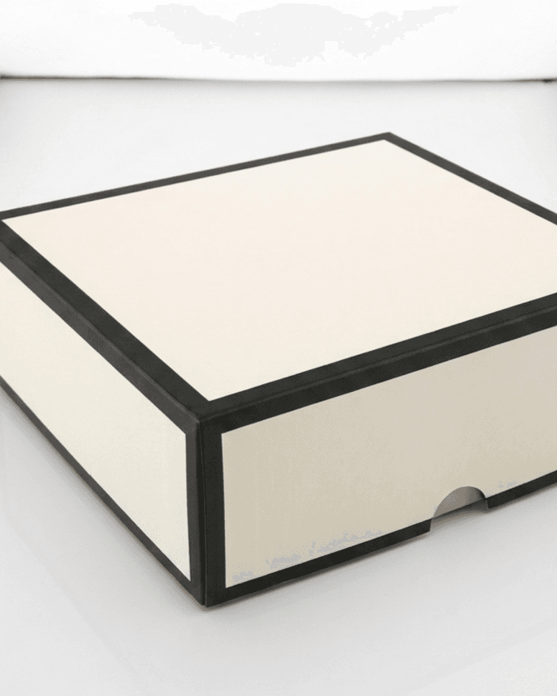 White and black framed rigid drawer box angled view