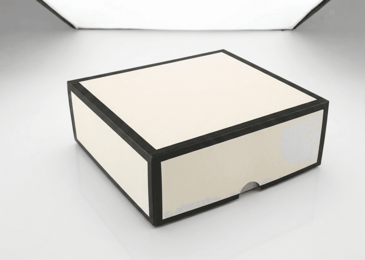 White and black framed rigid drawer box angled view